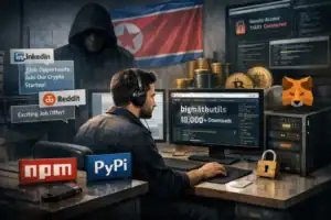 ** Hacker working at a computer amid cryptocurrency symbols and messages.