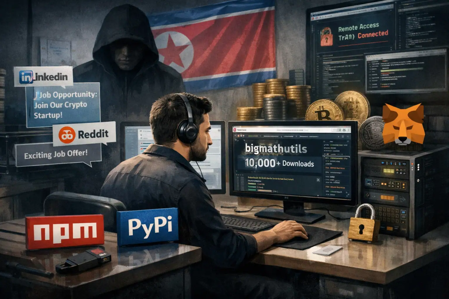 Programmierer in dunklem Raum, umgeben von Code und Kryptowährungen.