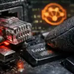 Conexión de cable en un teclado sucio, resaltando el botón de "Enter".