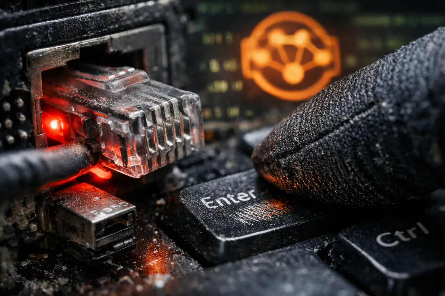 Conexión de cable en un teclado sucio, resaltando el botón de "Enter".