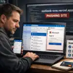 Man analyzing phishing site on laptop and smartphone, surrounded by security concerns.