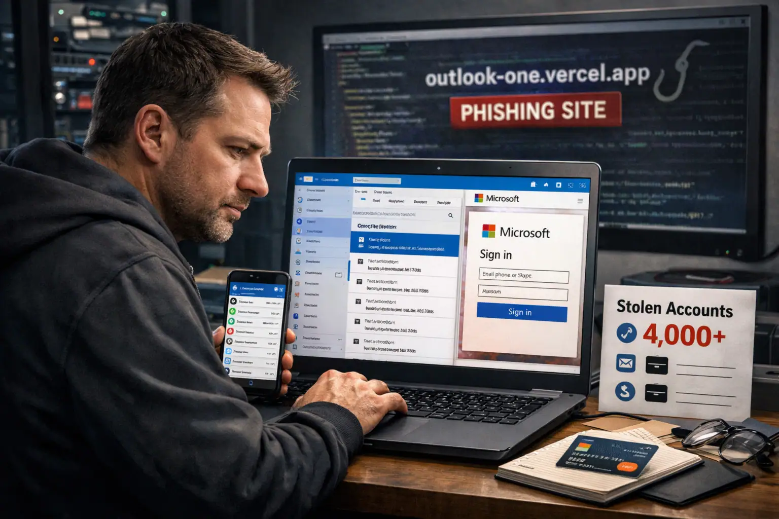 Man analyzing phishing site on laptop and smartphone, surrounded by security concerns.