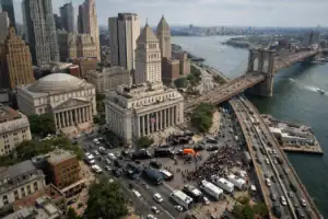 Aerial view of a busy street in New York with tall buildings and a crowd gathered.