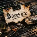 Papel arrugado con la cantidad 0.005 BTC en un entorno tecnológico oscuro.