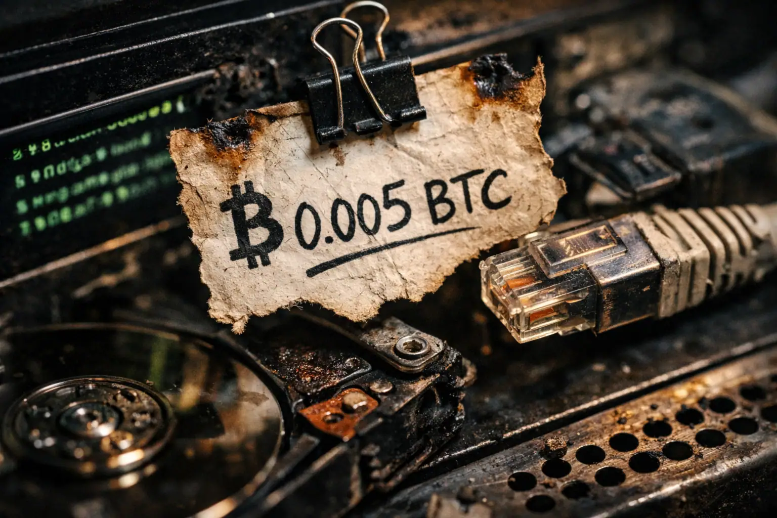 Fetzen von Papier mit "0.005 BTC" und technischen Geräten im Hintergrund.
