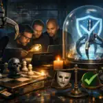 Four individuals examine technology and symbols of cybersecurity at a dimly lit table.