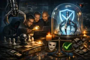 Four individuals examine technology and symbols of cybersecurity at a dimly lit table.