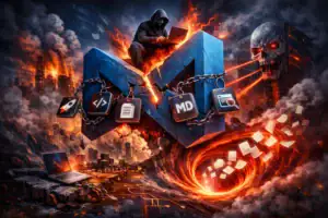 Dark figure coding on a glowing blue platform surrounded by chaotic elements.