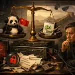 Panda toy with headphones balances against a notepad on scale, man observing.
