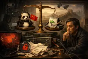 Panda toy with headphones balances against a notepad on scale, man observing.