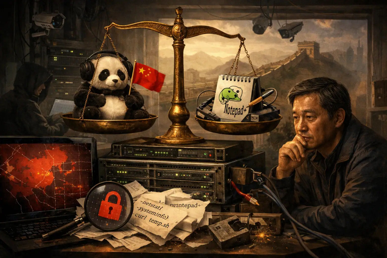 Panda mit Kopfhörern und Notizblock in einer Waagschale, Mann schaut nachdenklich.