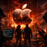 Tres hackers observan una gran figura de Apple en un entorno oscuro y tecnológico.