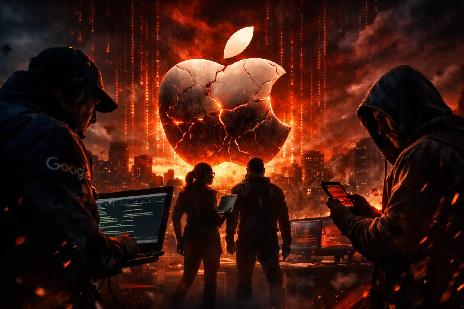 Group of hackers in hoodies facing a cracked Apple logo in a cybernetic landscape.