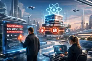 Two engineers analyze a cyber attack on a futuristic computer interface.