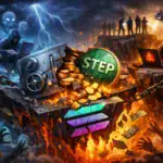 Escena oscura de hackers y caos, con monedas y un hombre angustiado.