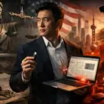 Hombre sosteniendo un USB y una laptop en un entorno con símbolos de justicia y tecnología.