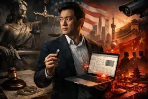 Man holds a laptop and flash drive against a backdrop of justice and cityscapes.