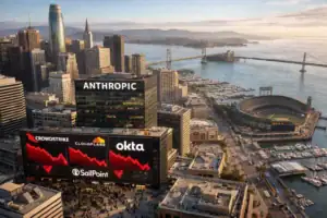 Aerial view of San Francisco skyline with digital ads and a waterfront stadium.