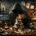 Hooded figure building a card tower amidst a chaotic desk with screens and a mask.