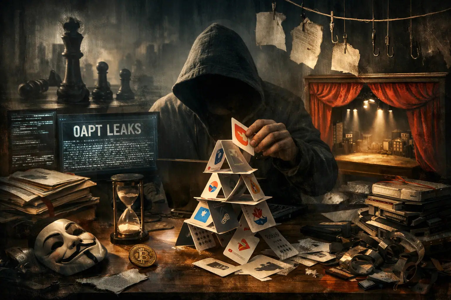 Mann mit Kapuze baut ein Kartenhaus aus Symbolen auf einem chaotischen Tisch.