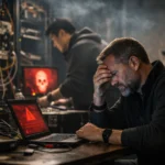 Чоловік з заклопотаним виразом обличчя працює за комп'ютером в напруженій атмосфері.