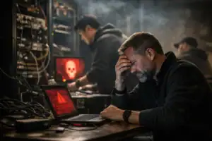Tense man with laptop, cyber threat backdrop, team working in dark environment.