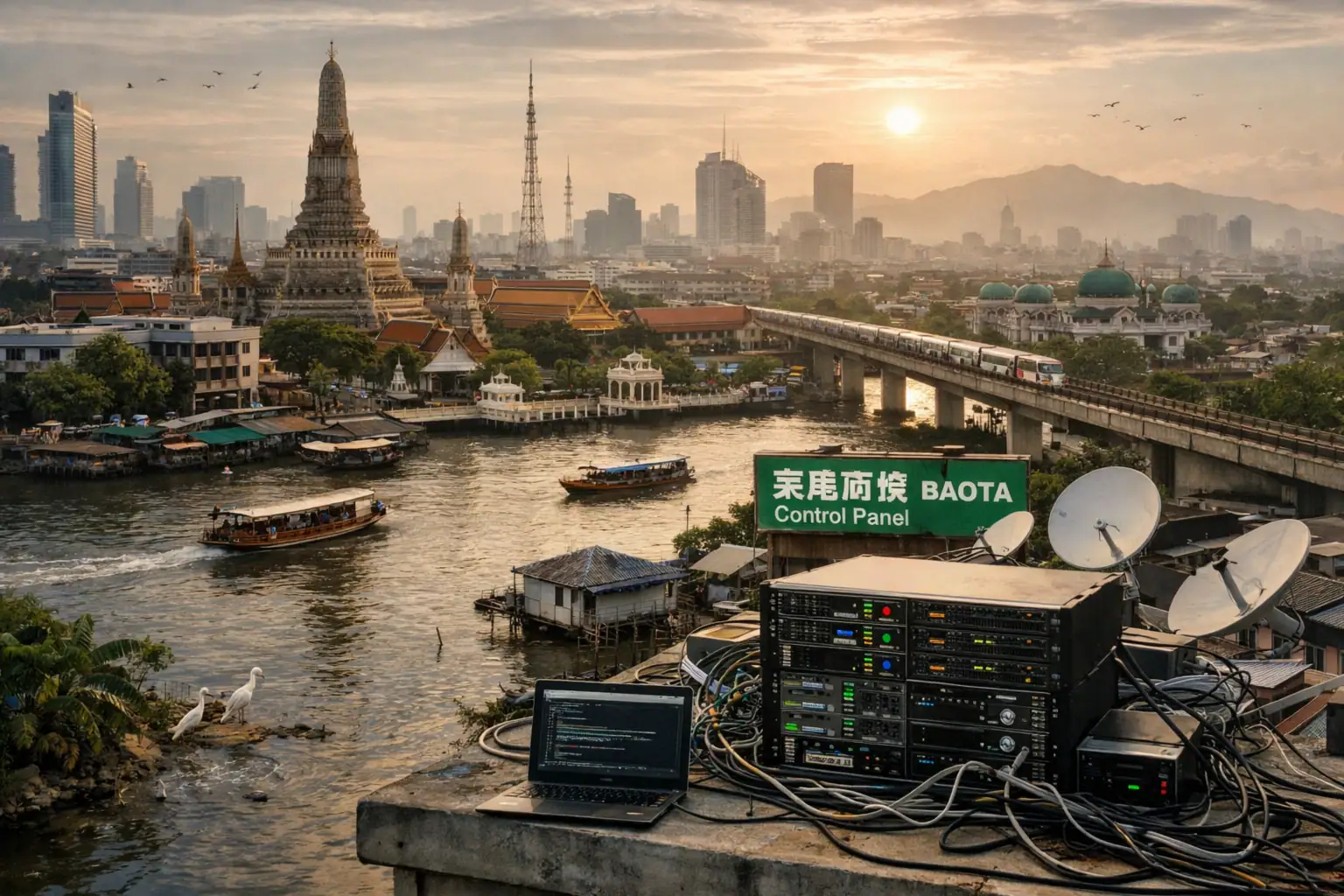 Пейзаж Бангкока з храмом, рікою та технічним обладнанням на даху.