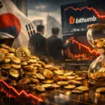 South Korean traders analyze Bitcoin trends with coins and charts.
