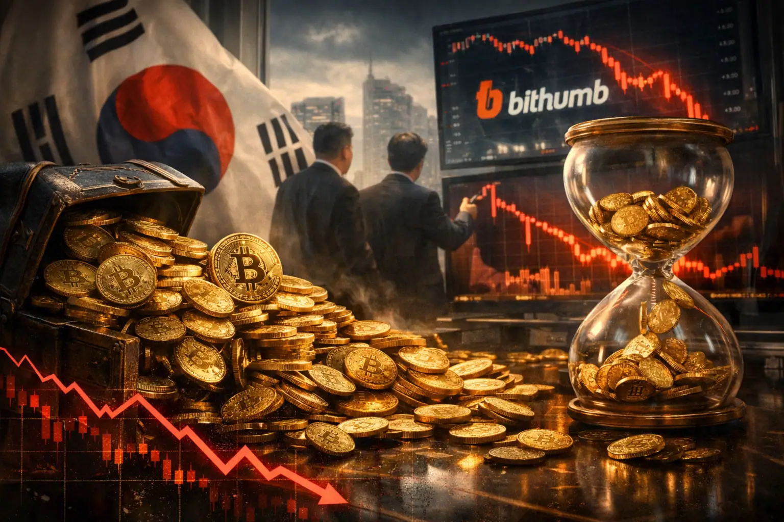 Geschäftsmänner analysieren fallende Bitcoin-Kurse vor Goldmünzen und Flagge.