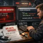 Hacker executing malicious code with exposed API keys and surveillance background.