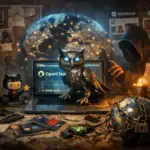 Mesa desordenada con una computadora, un búho metálico y objetos misteriosos.