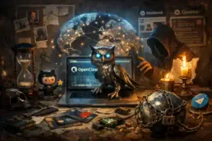 Mystical owl on laptop amid detective-themed objects and dim lighting.