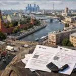 Overview of Moscow’s skyline with financial documents on a ledge.