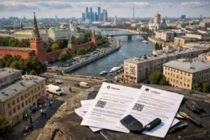 Overview of Moscow’s skyline with financial documents on a ledge.