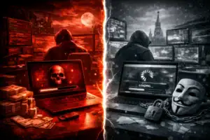 Конфронтація між кіберзлочинцями та етичними хакерами на контрастному фоні.