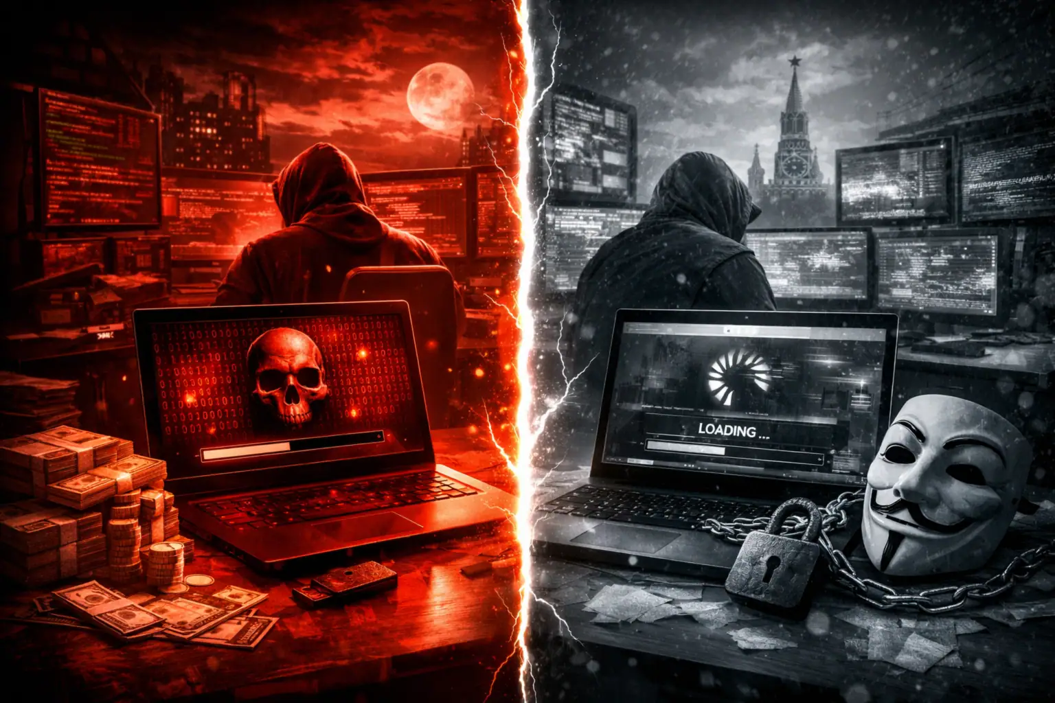 Конфронтація між кіберзлочинцями та етичними хакерами на контрастному фоні.