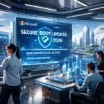 High-tech conference room displaying cybersecurity updates and digital cityscape.