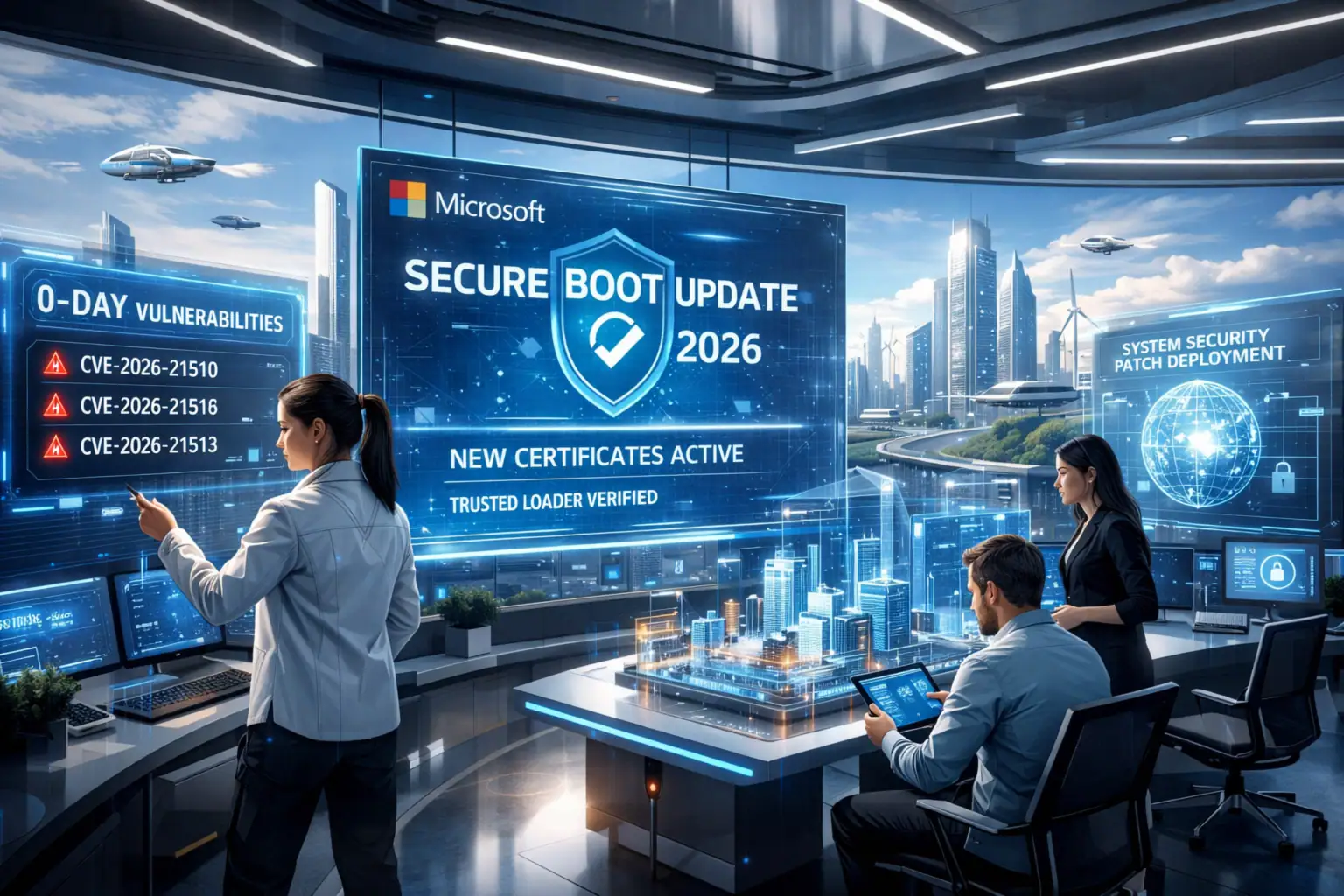 Besprechungsraum mit digitalen Sicherheitsupdates und modernen Technologien.