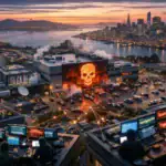 High-tech cityscape with hackers viewing screens as a skull image illuminates the building.