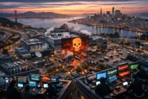 High-tech cityscape with hackers viewing screens as a skull image illuminates the building.