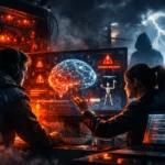 Two figures interact with a glowing brain graphic on a dark, tech-themed screen.