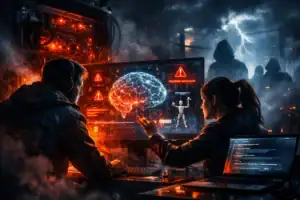 Two figures interact with a glowing brain graphic on a dark, tech-themed screen.