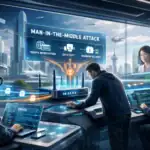 Cyberkriminelle planen einen Man-in-the-Middle-Angriff in futuristischer Umgebung.