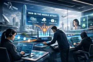 Individuals monitoring cyber threats in a futuristic command center setting.