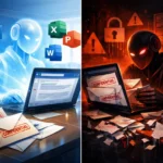 Split scene showing a productive figure with office apps and a sinister hacker with confidential documents.