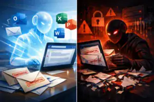 Split scene showing a productive figure with office apps and a sinister hacker with confidential documents.