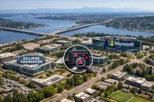 Aerial view of Microsoft headquarters with Eclipse Foundation signage nearby.