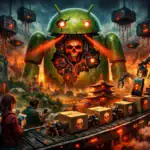 Futuristic scene with a colossal robotic android and dark, menacing elements.