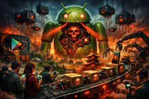 Futuristic scene with a colossal robotic android and dark, menacing elements.