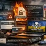 ** Hacker at a desk surrounded by screens displaying cyber threat warnings and code.